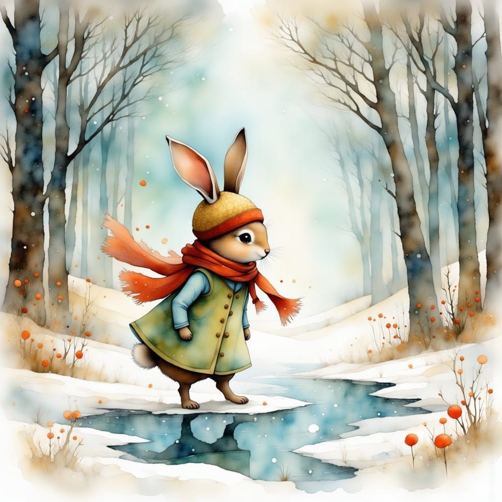 Rabbit in Winter Wonderland: Watercolor Illustration
