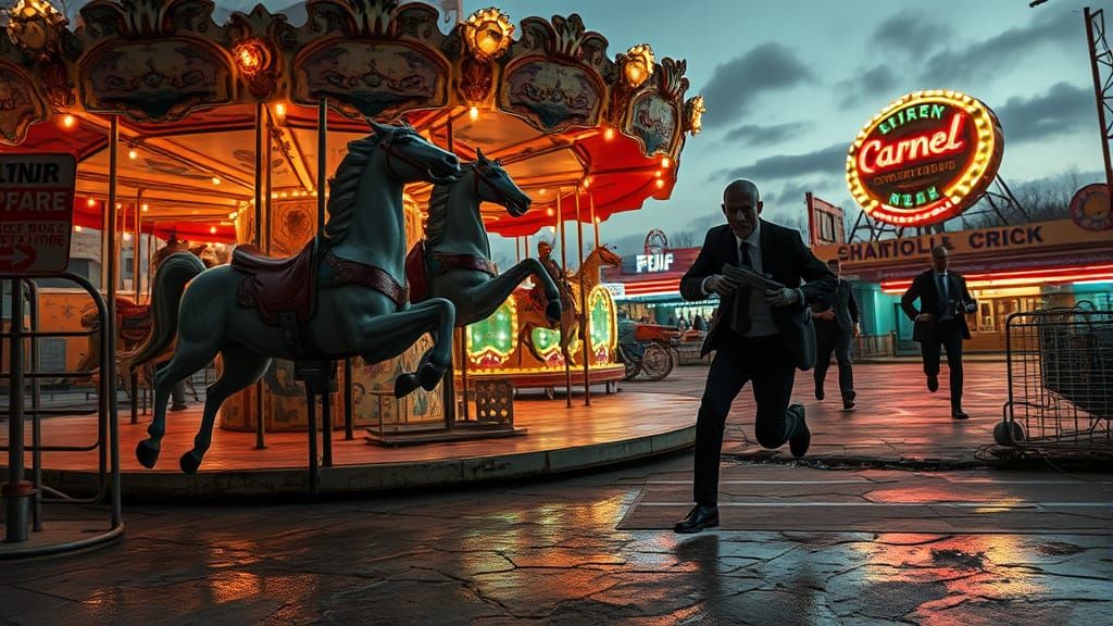 Forgotten Amusement Park at Twilight with Alien Horses and M...