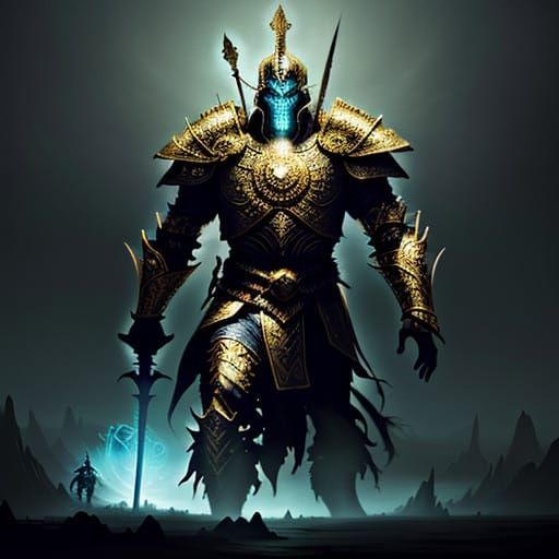 Epic Dark Fantasy Warrior vs Colossal Beast in Gold Armor