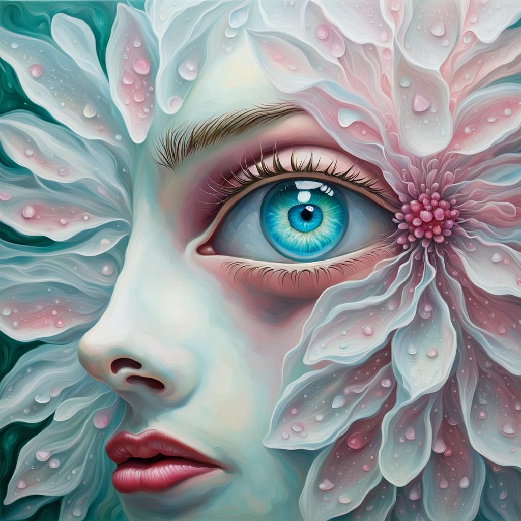Surreal Woman Merged with Iridescent Flower as Oil Painting