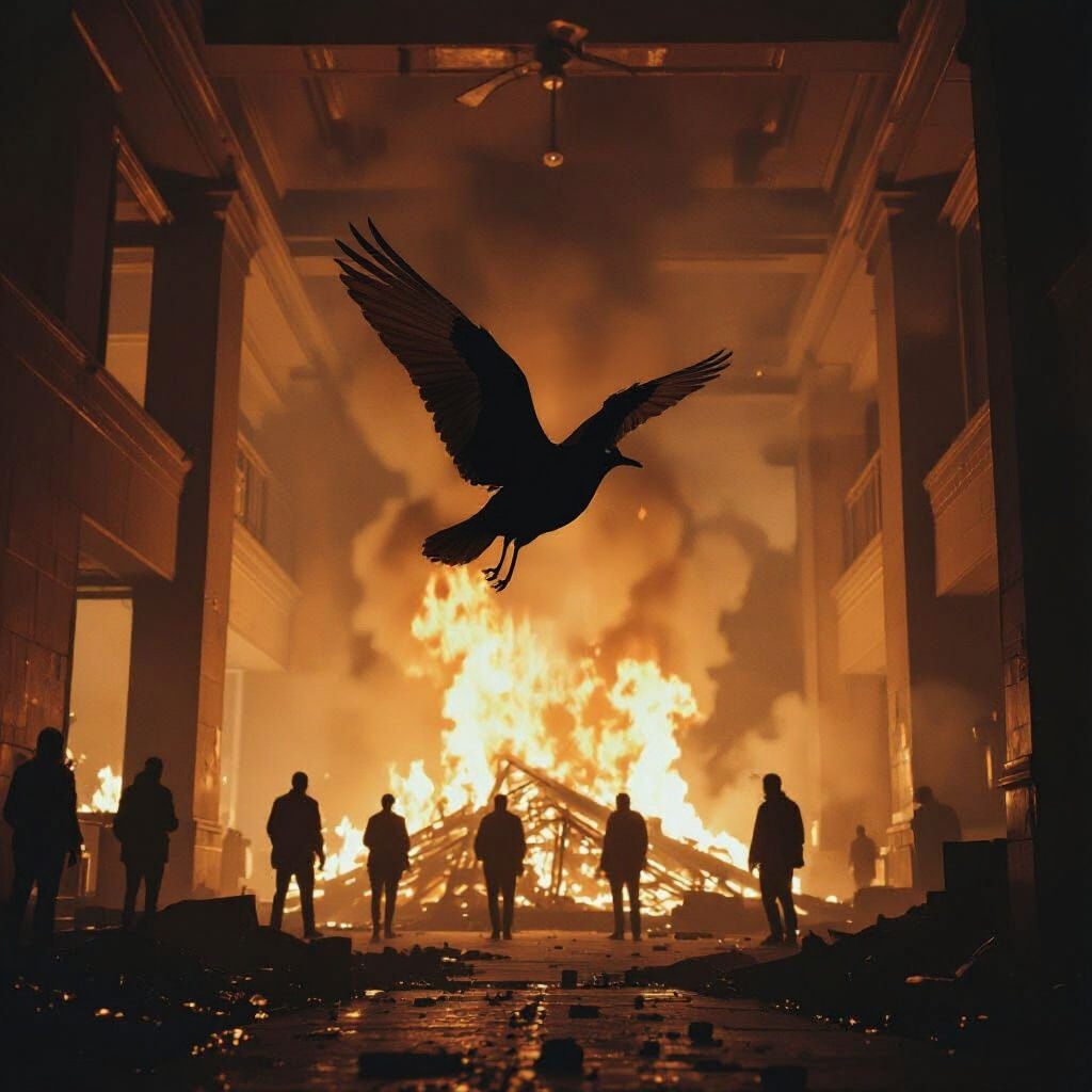 Dramatic Bird Over Burning Building: Cinematic Film Still