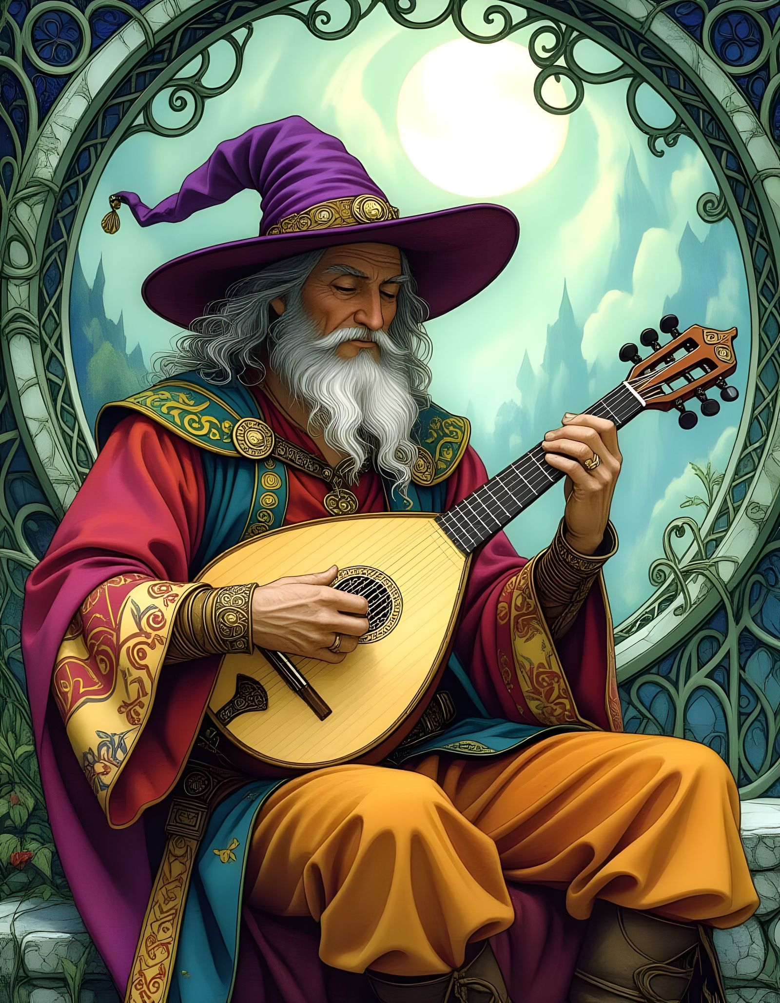 Whimsical Gleeman Playing Lute in Mystical Setting