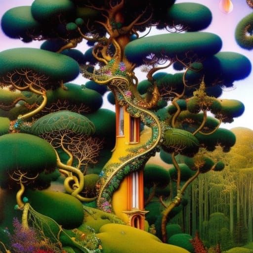 Ornate Tree with Magpie Treasures, Fairytale Illustration