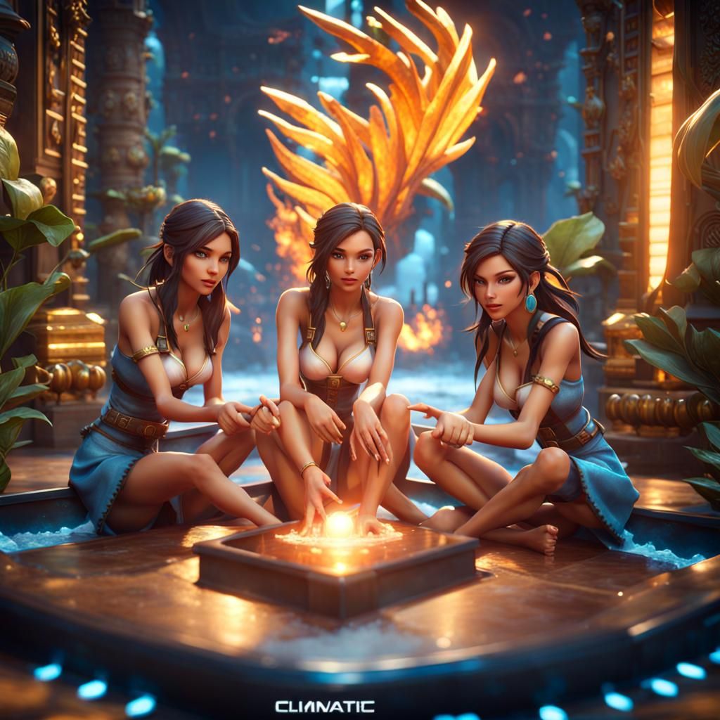 Three Beautiful Girls in a Detailed 3D Game Cinematic