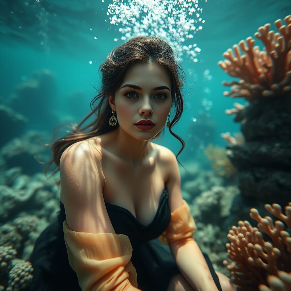 Underwater Italian Woman in Elegant Attire