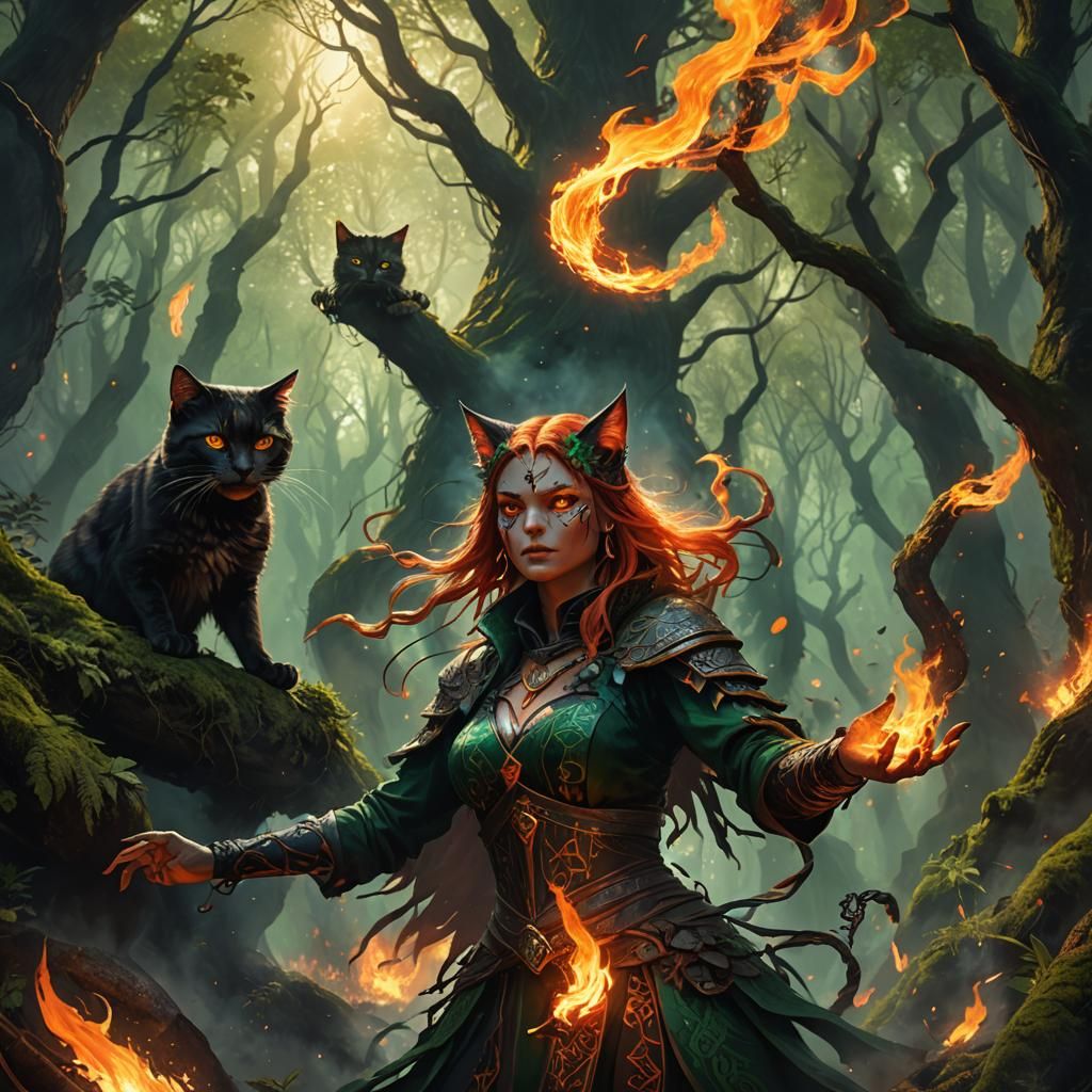 Fiery Cat-Girl Pyromancer Summons Spirits in Mystic Forest