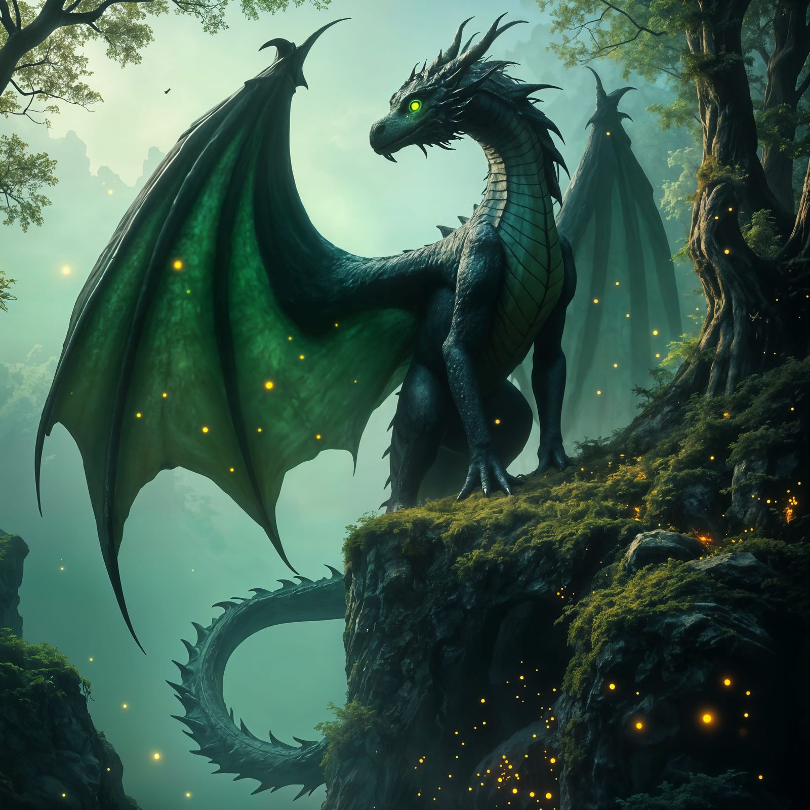 Majestic Black Dragon Protects Iridescent Forest