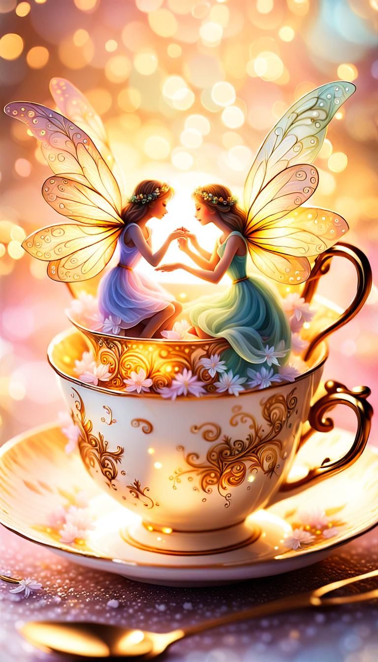 Fairies in Teacup: Whimsical Macro Fantasy Illustration
