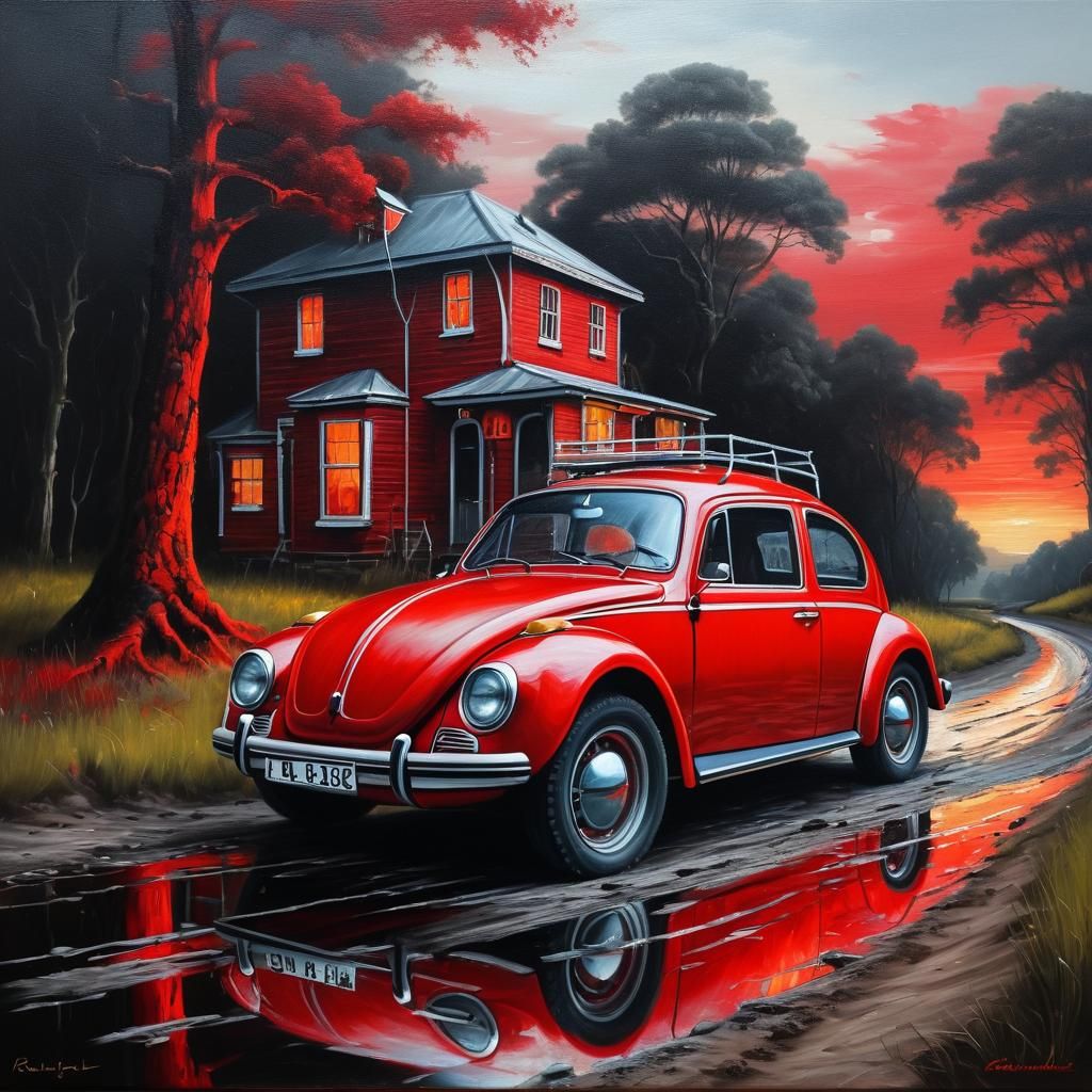 Red VW Beetle by Red House: Oil Painting