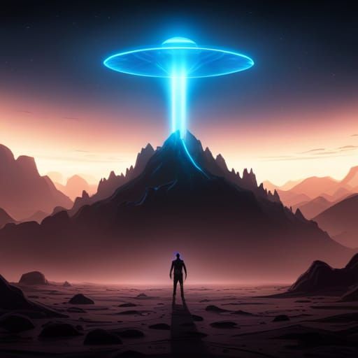 Alien UFO with Blue Beam, Detailed Matte Painting