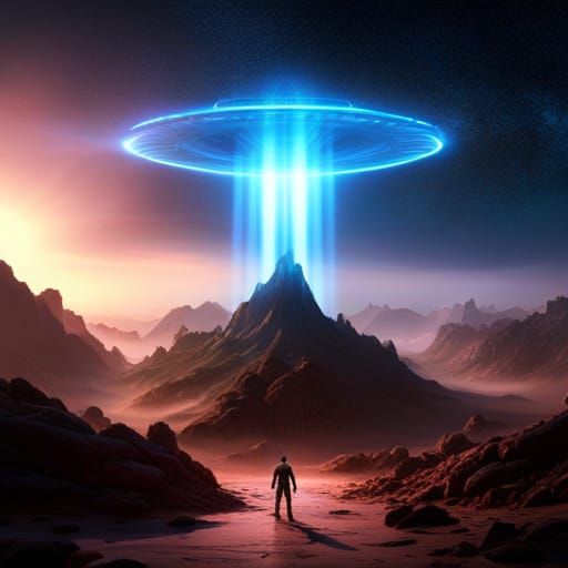 Alien UFO with Blue Light Beam: Detailed Matte Painting