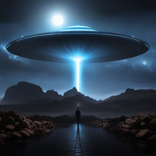 Alien UFO Lifts Silhouette with Blue Light