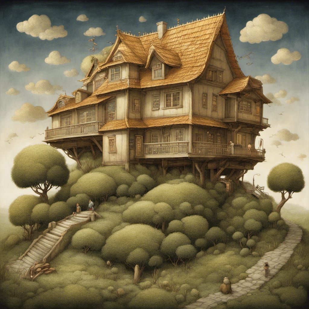 Serene House on Hill in Surreal Manga Style