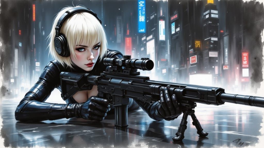Cyberpunk Sniper Girl on Rooftop in Neon Style