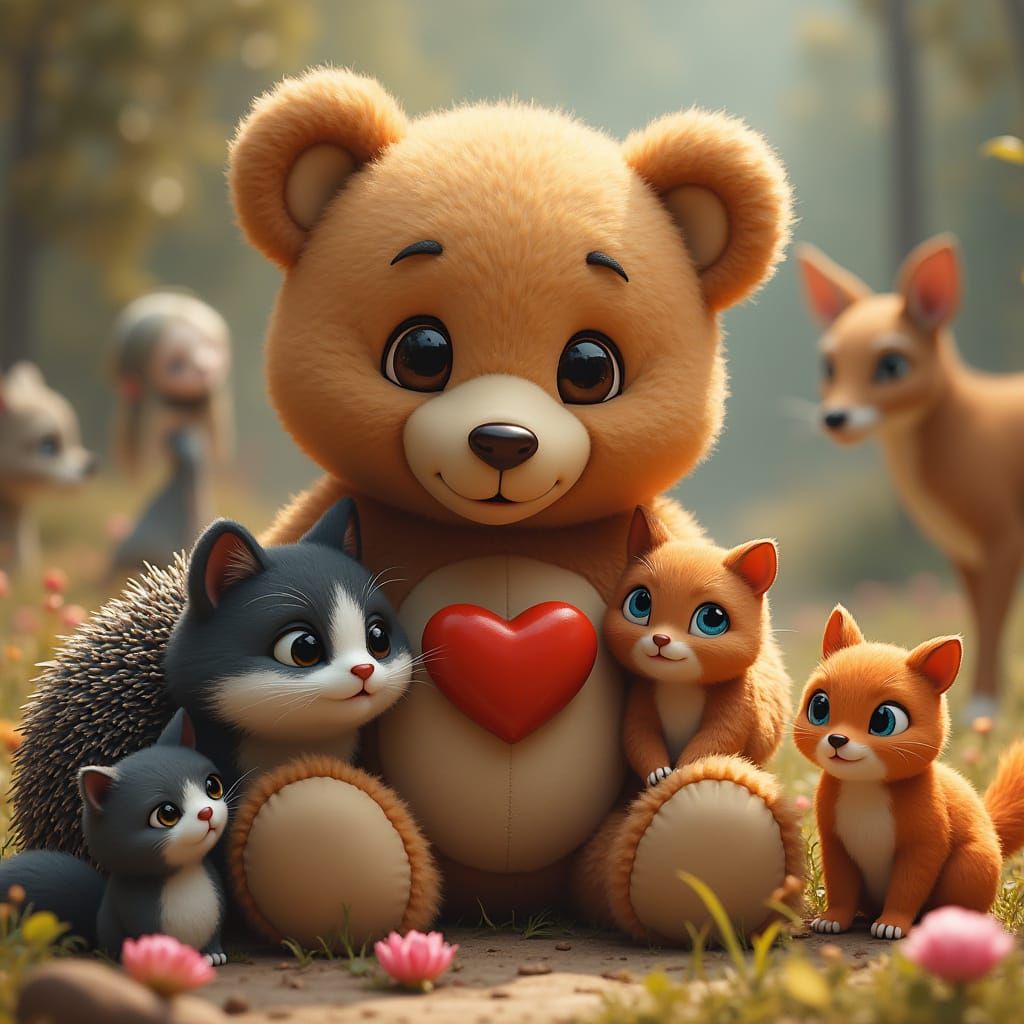 Human Teddy Bear Surrounded by Adoring Animals