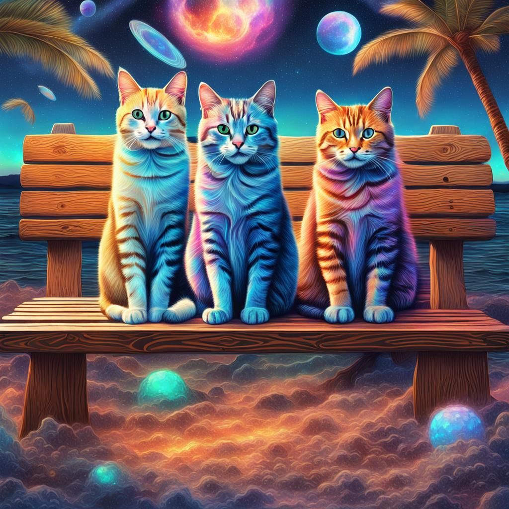 Cats on Beach Bench: Holographic Cosmic Illustration