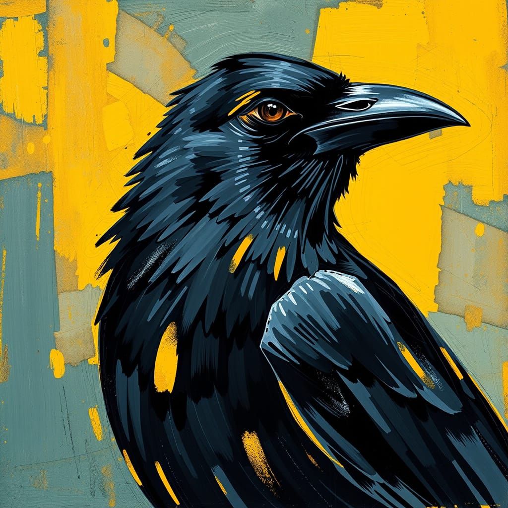 Bold Cubist Crow with Vibrant Yellow and Black Plumage