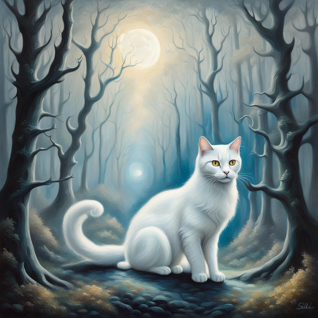 Ethereal Ghost Cat in Mystical Forest, Surreal Oil Painting