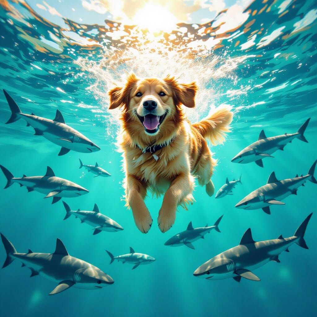 Golden Retriever Leaping Through Shark-Infested Ocean