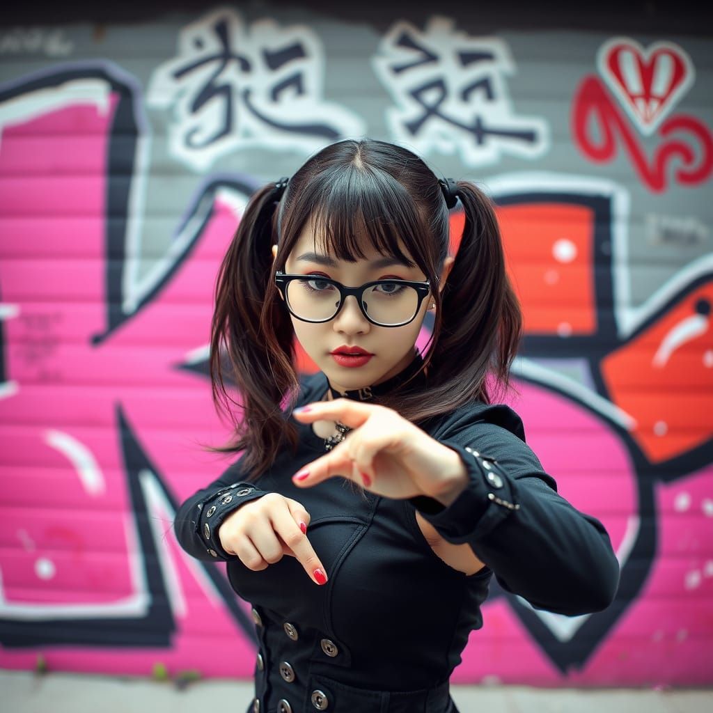 Korean Woman in Y2K Gothic Outfit With Graffiti Backdrop