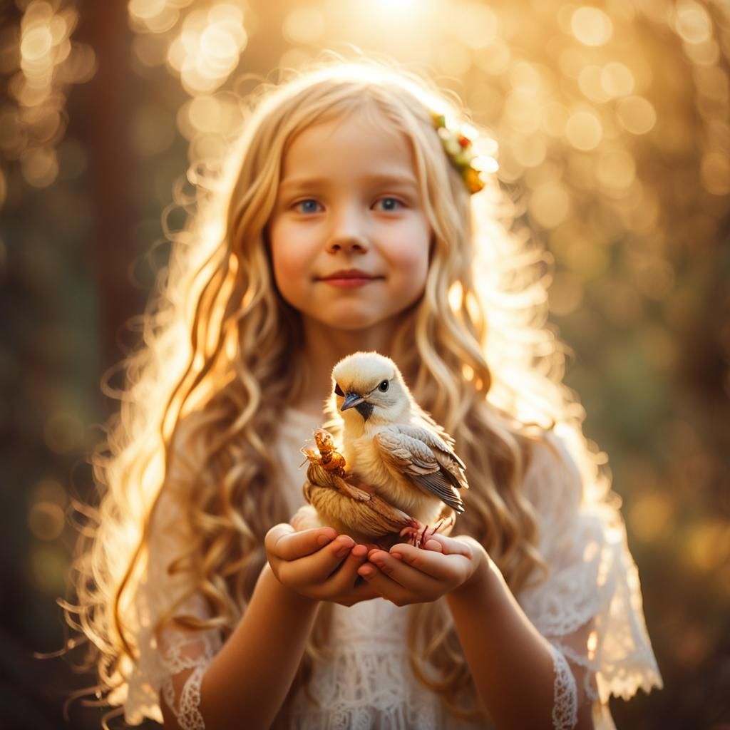 Forest Girl with Toy Bird in Golden Light