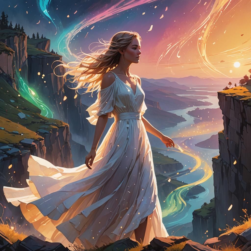 Ethereal Girl with Music Notes at Sunrise