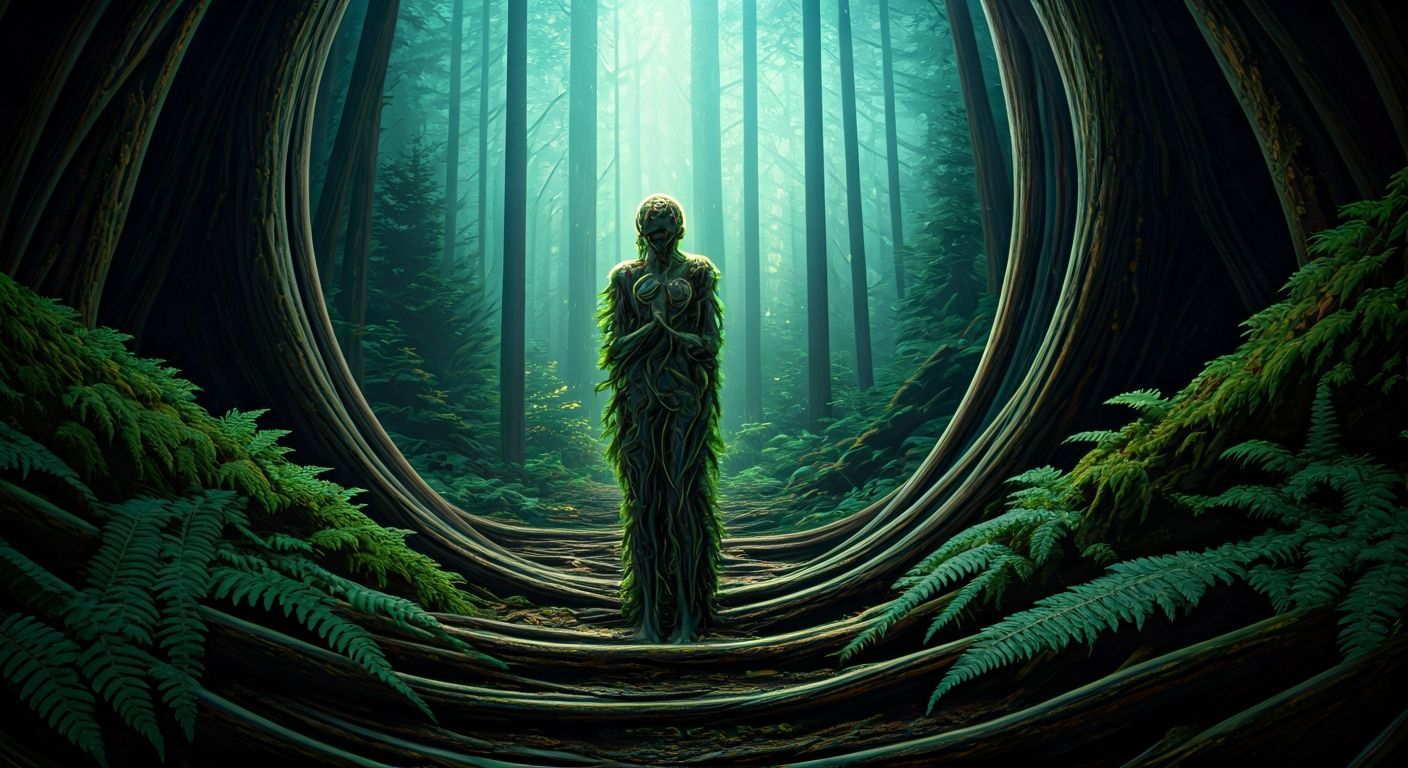 Organic Synthwave Glitch Art in a Futuristic Forest