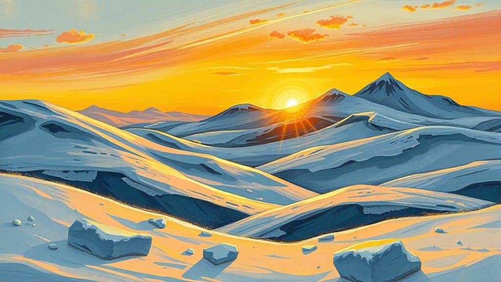 Enchanted Arctic Sunset, Whimsical Storybook Art