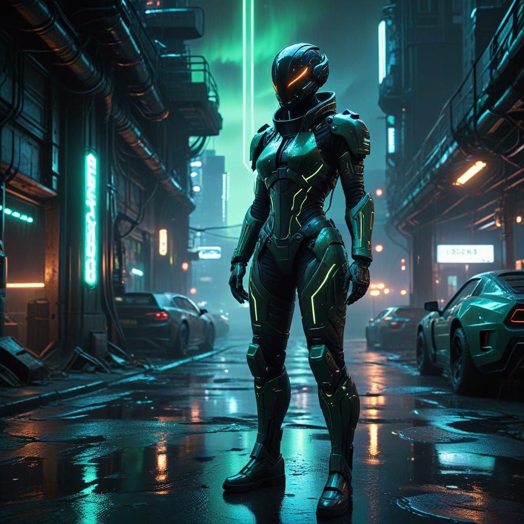 Cyberpunk Mechanic in Dystopian Cityscape