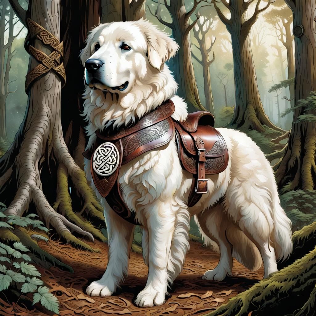 Great Pyrenees in Celtic Saddle, Comic Book Art