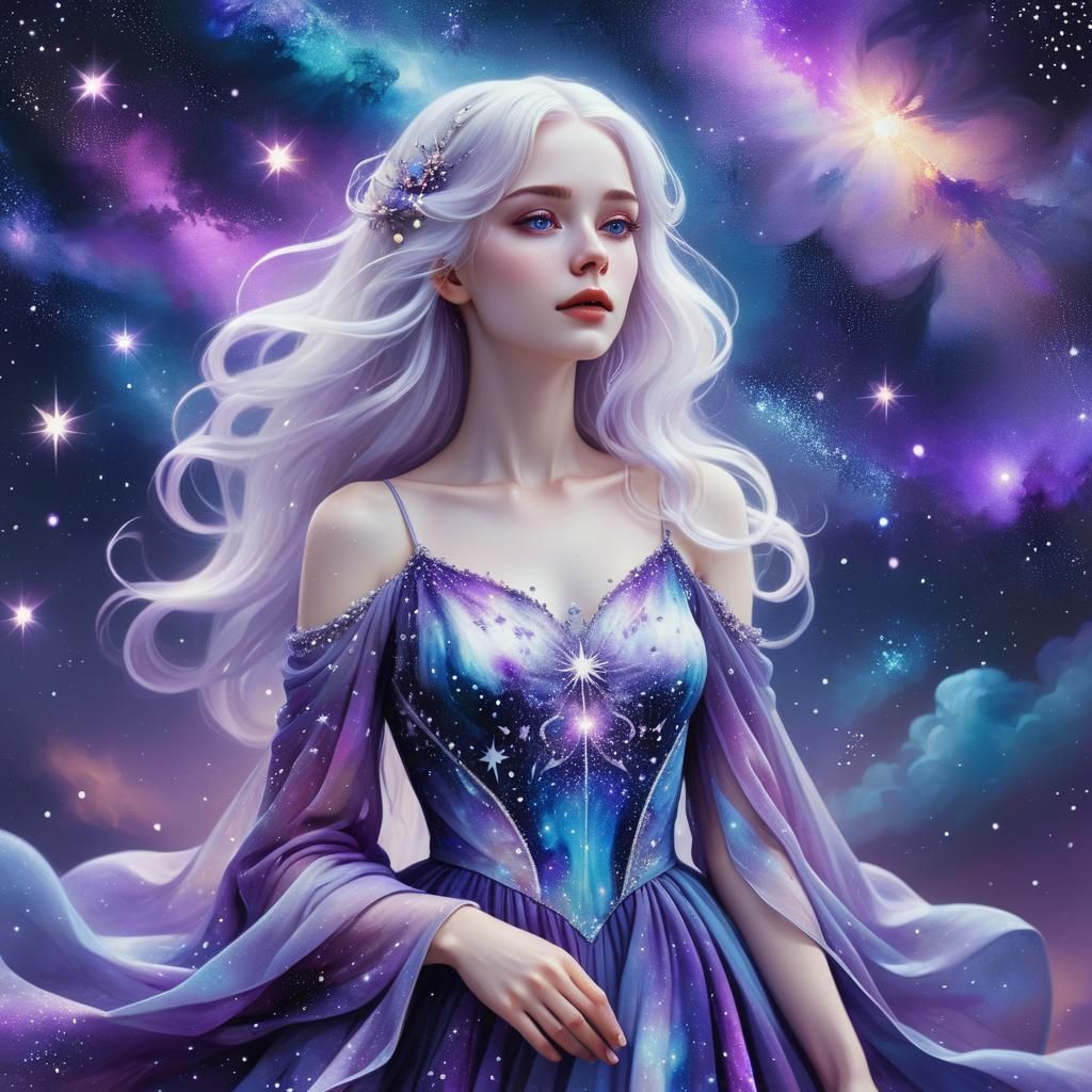 Girl in Starry Night Sky Digital Painting