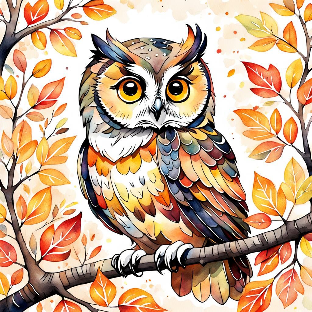 Charming Autumn Owl Watercolor Illustration