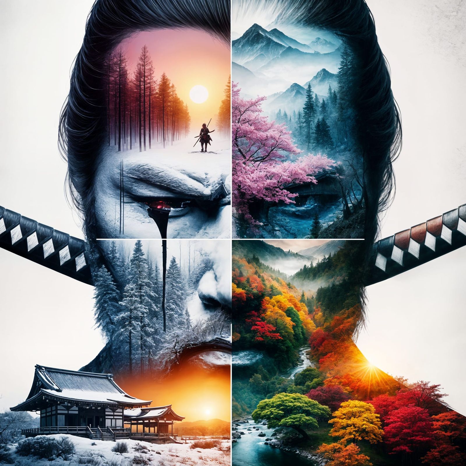 Hyper-Realistic Samurai Face Portrait in Vibrant Double Expo...