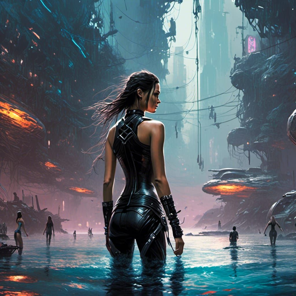 Cyberpunk Woman in Water: Aetherpunk Digital Art
