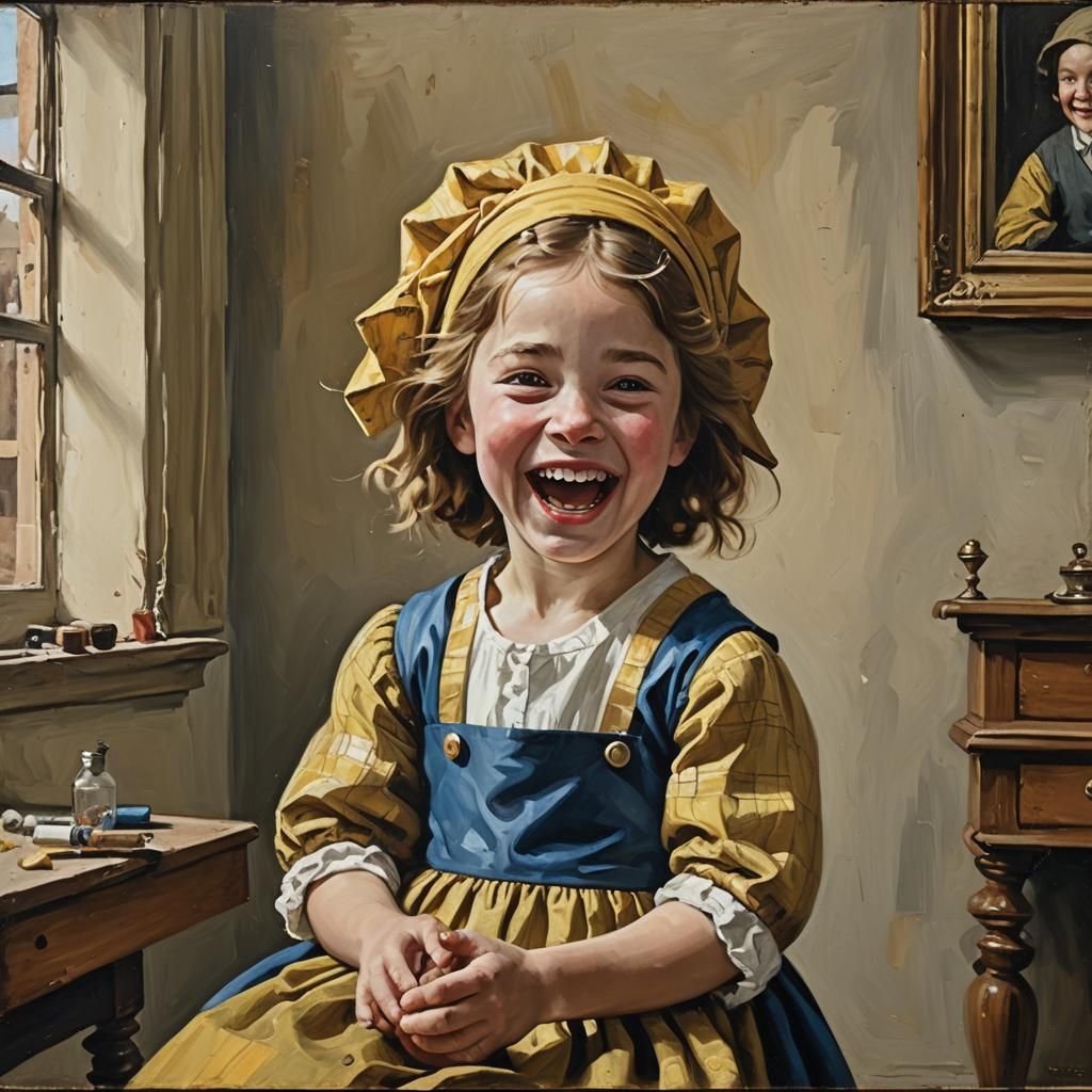 Laughing Child in Art Studio, Vermeer-Style Oil