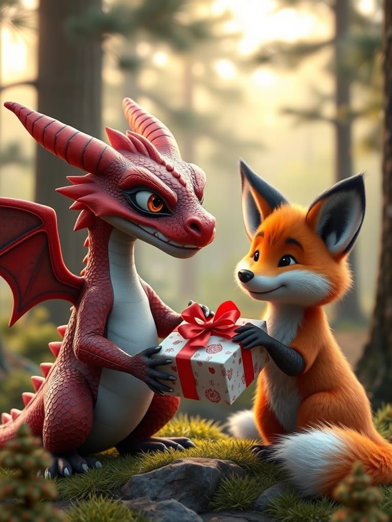 Dragon Gift to Fluffy Red Fox in a Pine Forest