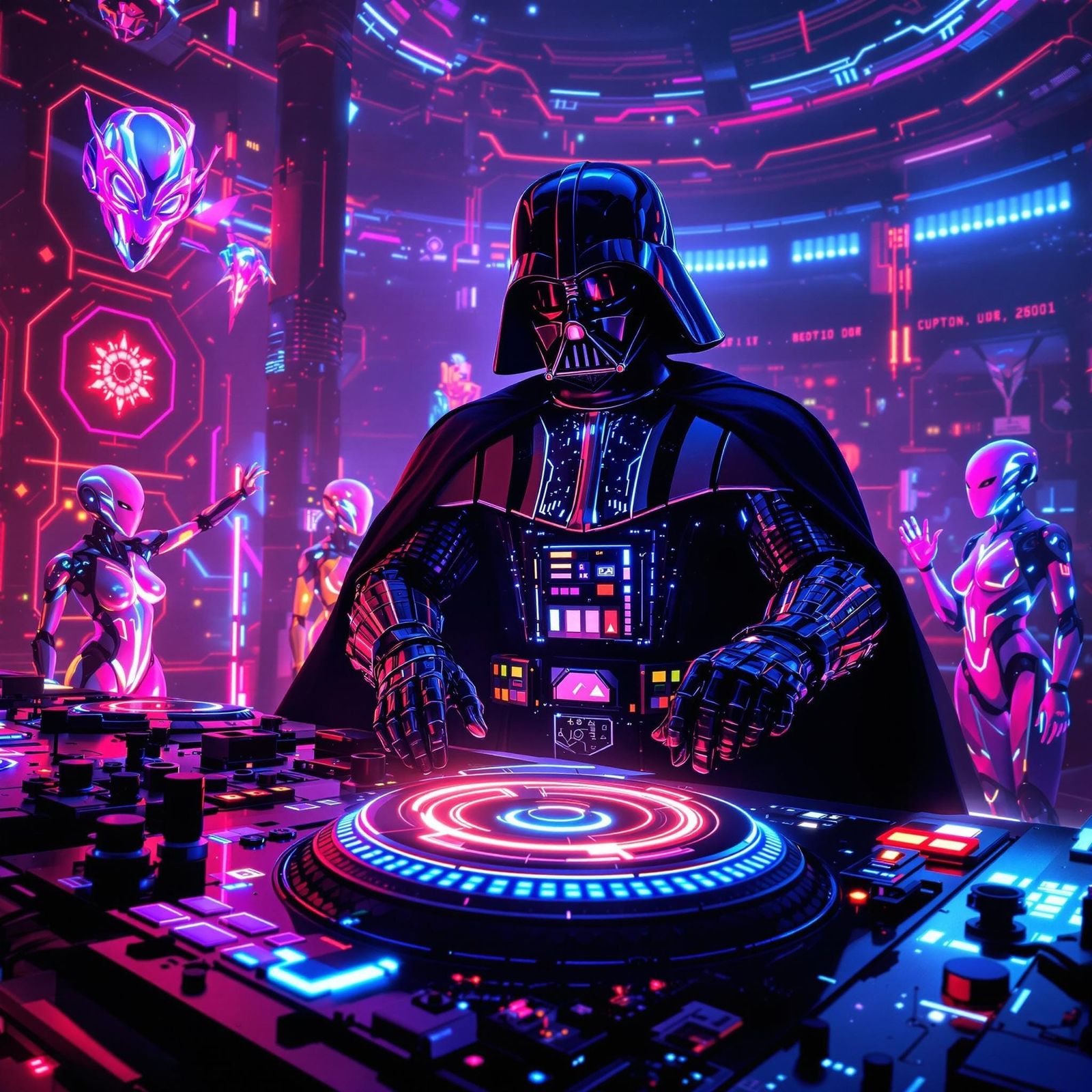Galactic DJ Darth Vader in Cyberpunk Club