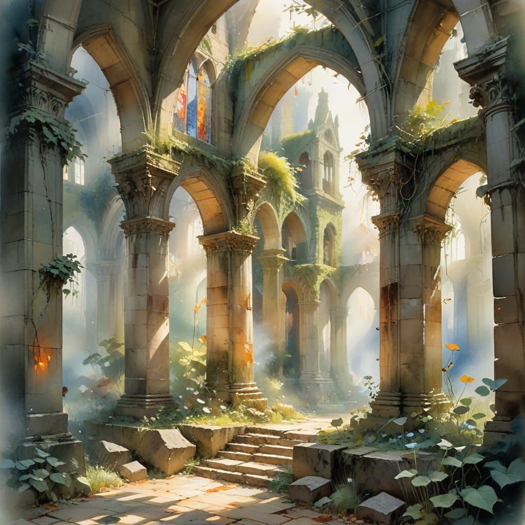 Ancient Cathedral Ruins in Whimsical Watercolour