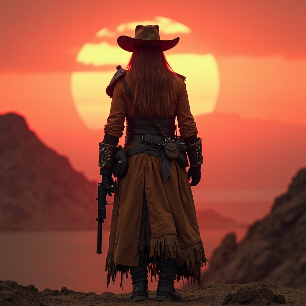 Alien Gunslinger in Crimson Landscape