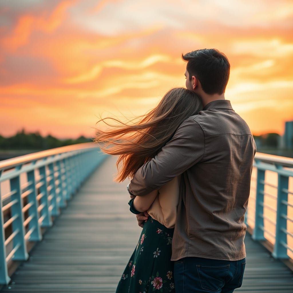 Couple Embracing on a Sunset Bridge