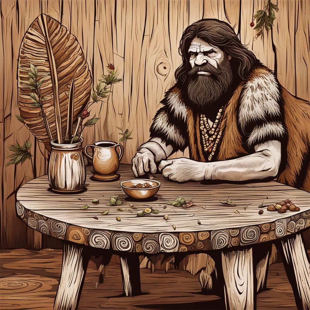 Caveman and Decorated Wooden Table Still Life