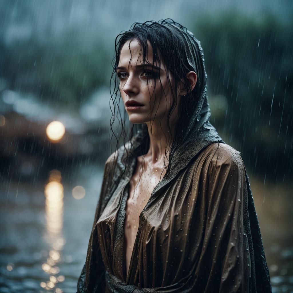 Woman in Rain: Hyperrealistic Cinematic Fantasy