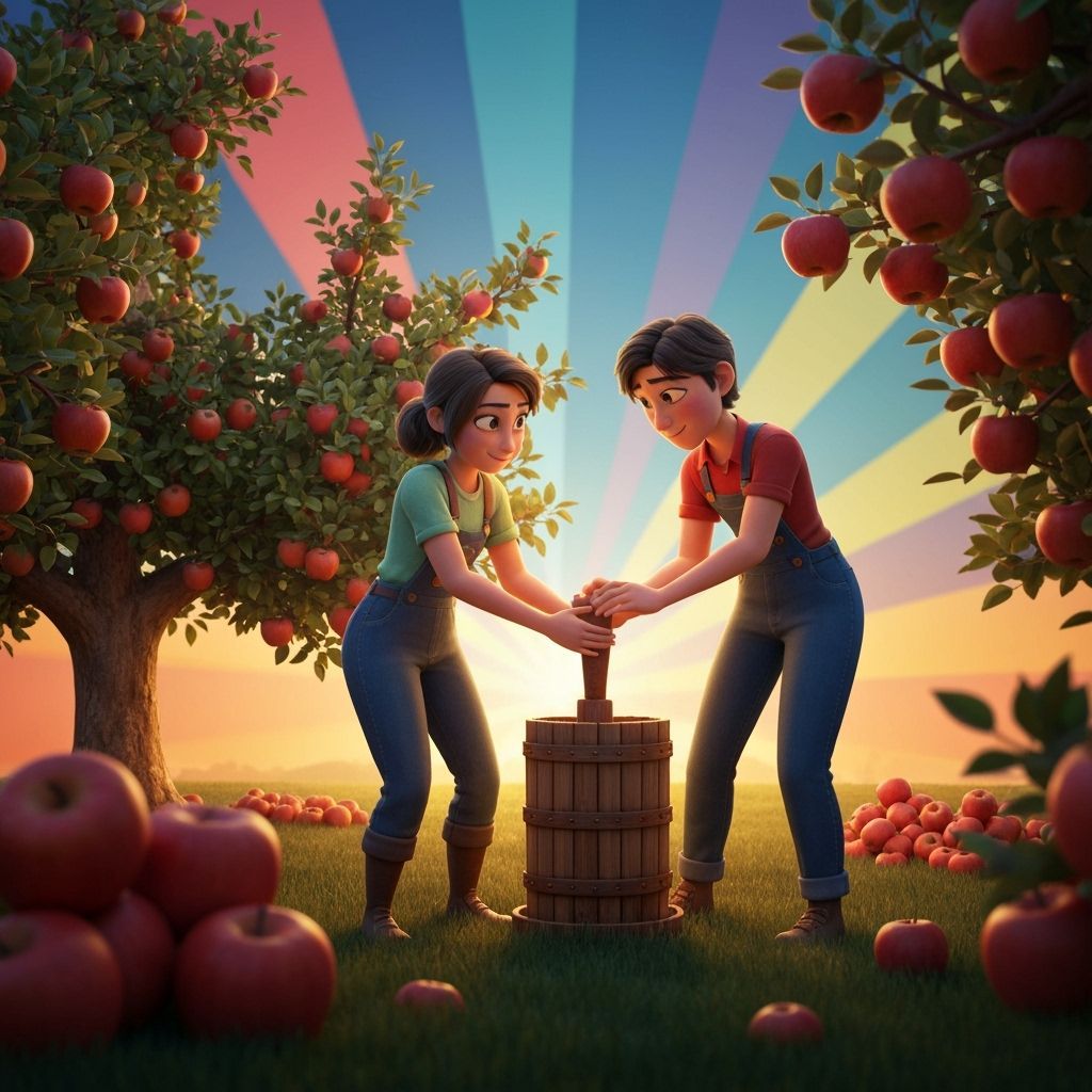 Couple Picking Apples and Making Cider in Pixar Style