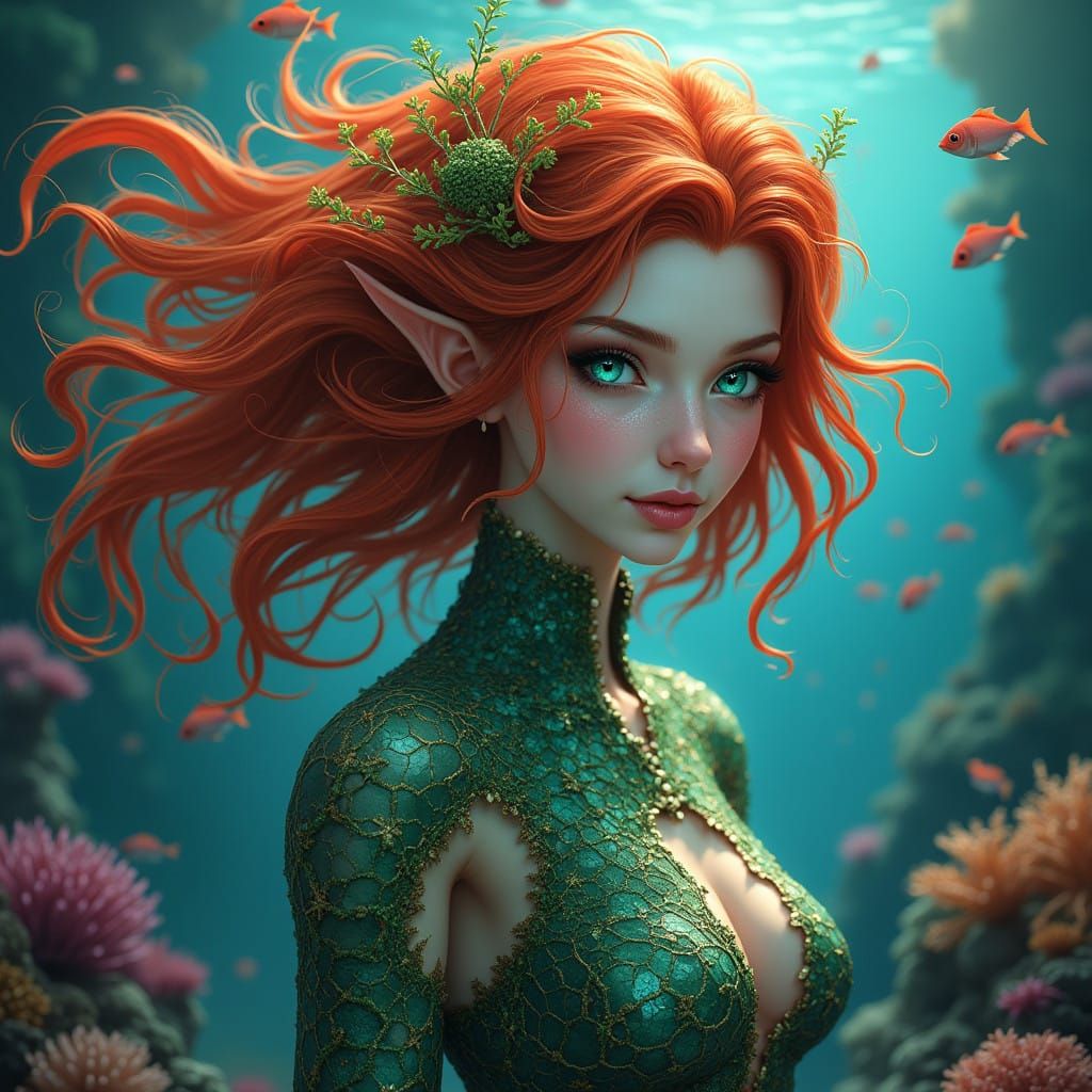 Ethereal Dryad Amidst Vibrant Coral Reef