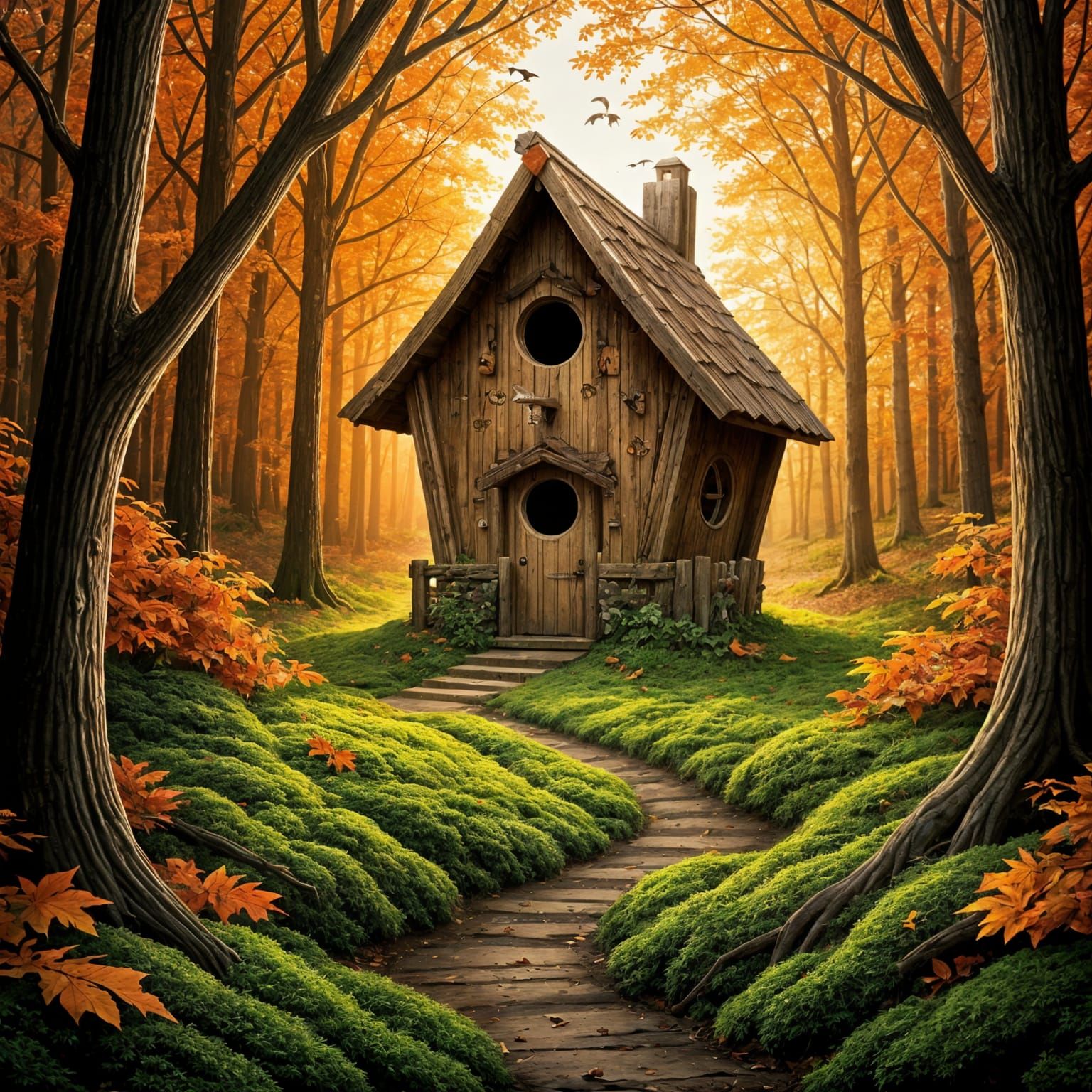 Cozy Cottage Birdhouse in Autumnal Expressionist Style
