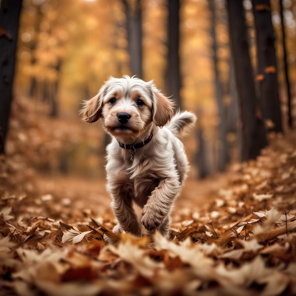 Puppy's Joyful Autumn Walk: Hyperrealistic, Cinematic Image