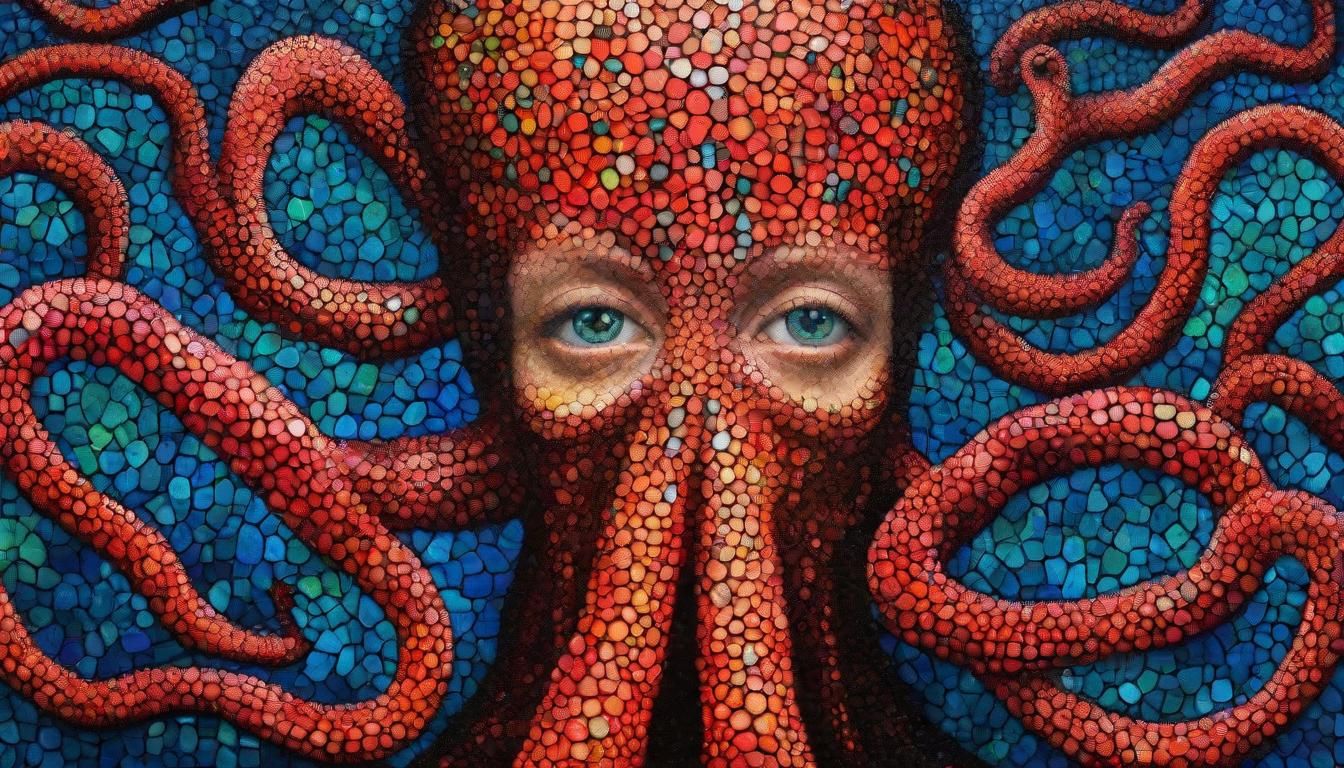 Underwater Octopus in Colorful Coral Reef Mosaic