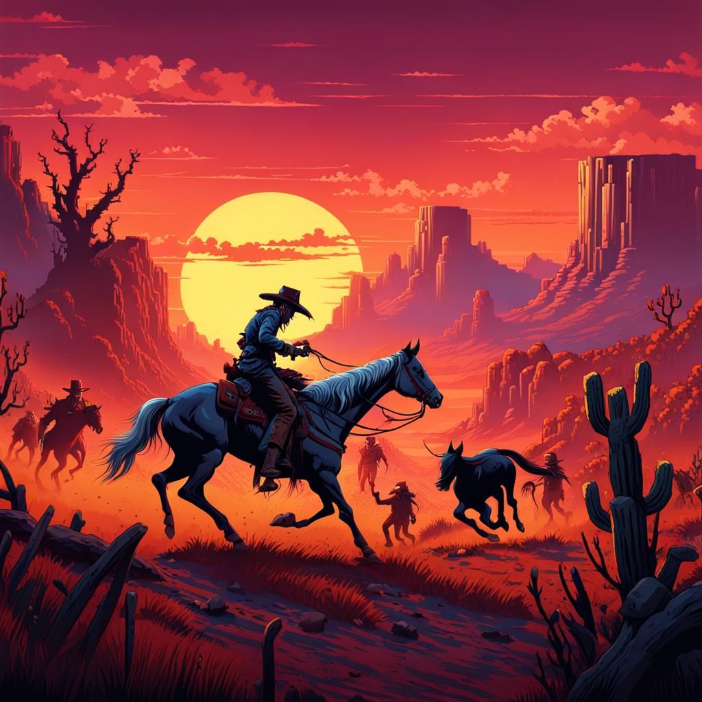 Pixel Art Zombie Cowboy Chase in Detailed Matte Painting