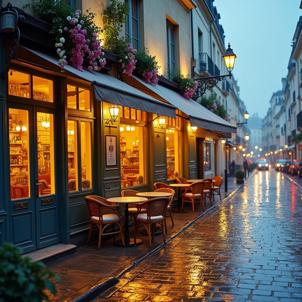 Parisian Cafe at Dusk in Impressionist Style