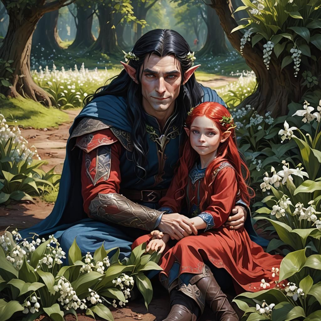 A tall male elf with very long black hair, blue eyes, wearin...